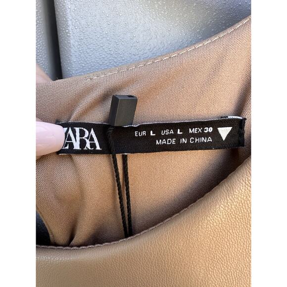 ZARA Faux Leather Shoulder Pads Sleeveles Tan Mini Dress Sz L Bloggers Favorite - Picture 16 of 16